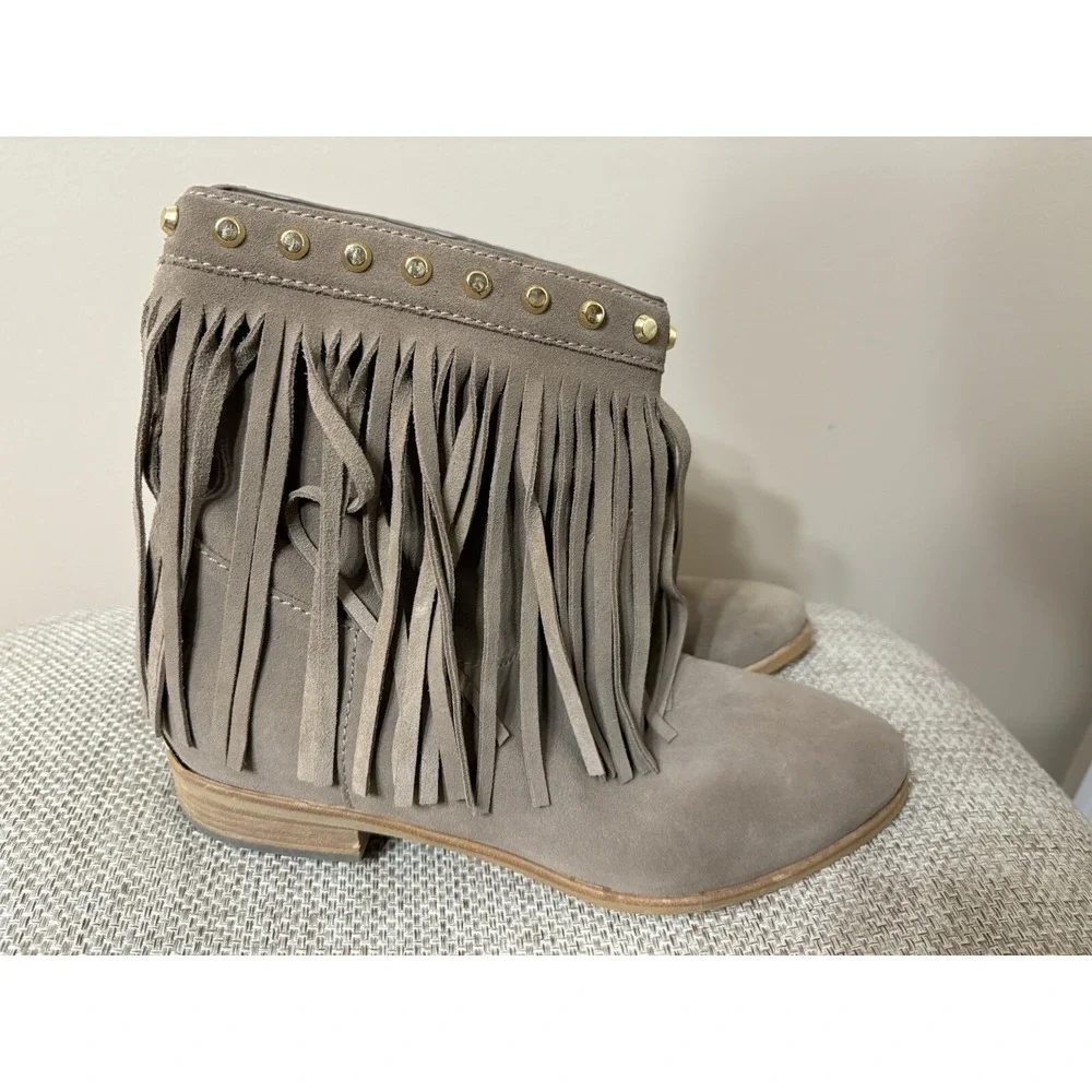 MICHAEL MICHAEL KORS Billy Fringed‎ Ankle Boot Studded Suede Bootie Neutral 7